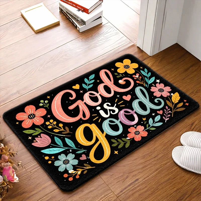 1pc , Washable Doormats, Christian God Is Good Floral Printed Bath Mats, Kitchen Rugs, Bedroom Side Rugs,