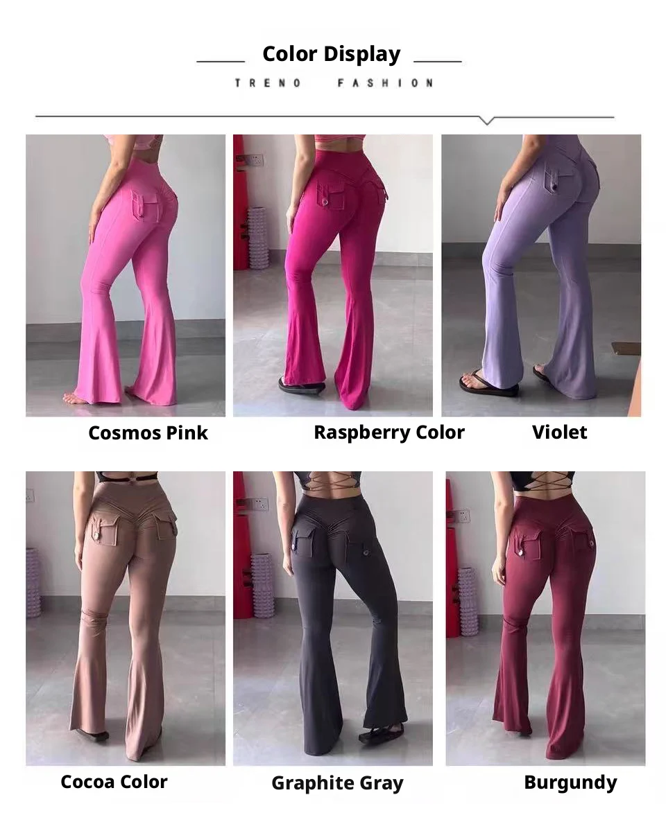 Damen Cargo-Taschen Flare Yoga-Hose mit hoher Taille, Po-Lifting-Effekt, dehnbare, schmale Bootcut-Leggings für Workout, Fitness, Sport und Freizeit – Detail 6