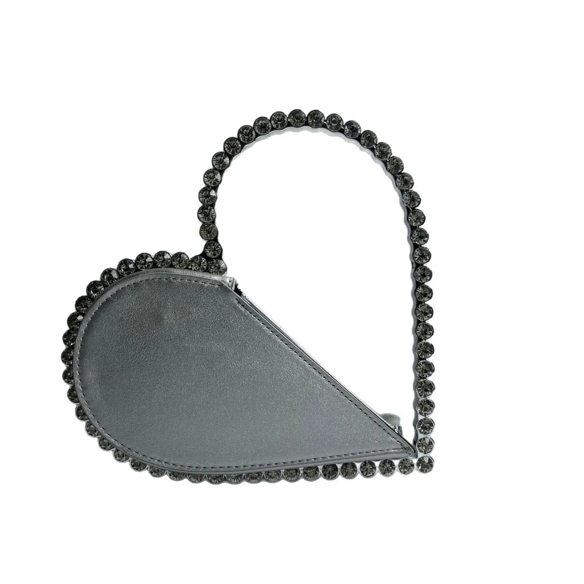 Unique Heart Shape Silver Leather Evening Clutch Bag With Rhinestone Edge Ring Handle Elegant Formal Dinner Purse Middle Aged