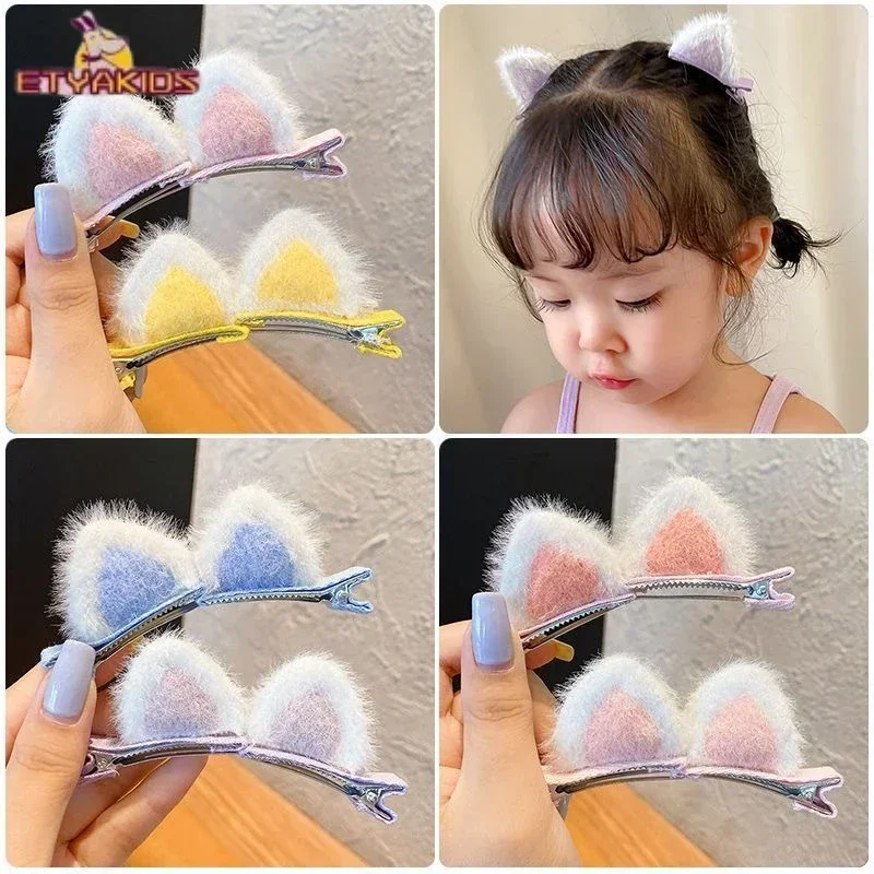 1pair Plush Cat  Ears Children Cute Hair Clip New Korean Winter New Year Swrrt Hairwear  Accessories Fashion Banger Ornaments