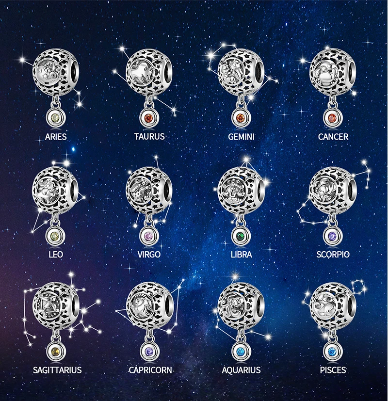 

100% 925 Sterling Silver Twelve constellations multi-color zircon Charm Beads Fit Women Bracelet DIY Fine Jewelry