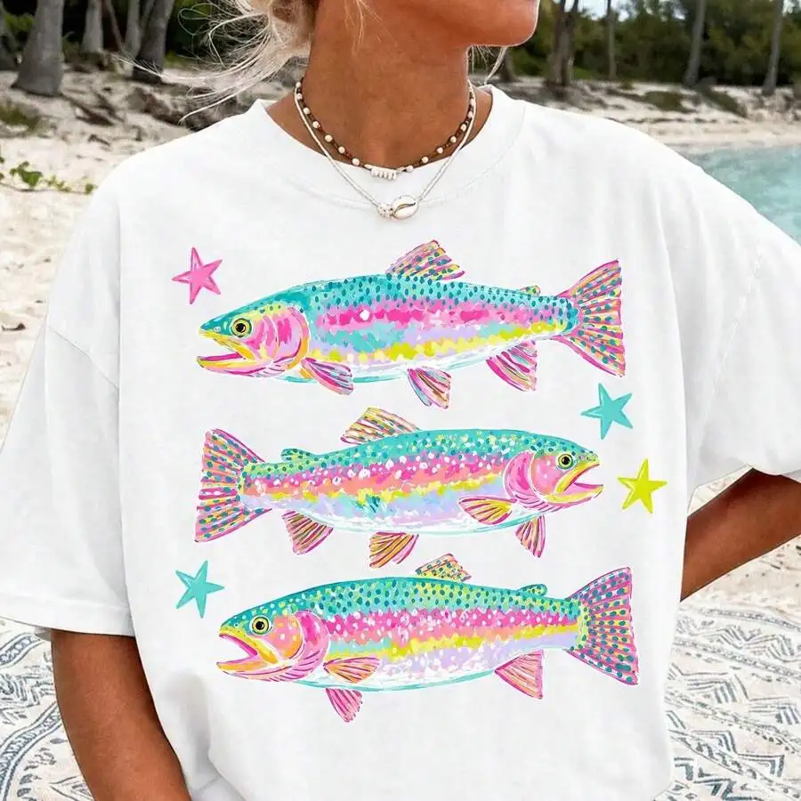 Women's Pastel Rainbow Trout Fish Cute Coastal Beach Summer Fishing Aesthetic Southern Prep Outdoors Graphic Print T‑Shirt Crew Neck Short Sleeve Casual Tee Top