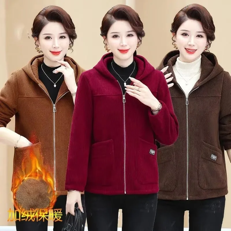 Spring Autumn Middle Aged Elderly Mothers' Fashion Hooded Coat Casual Fleece Jacket Large Size Women Casual Corduroy Outwear 4XL