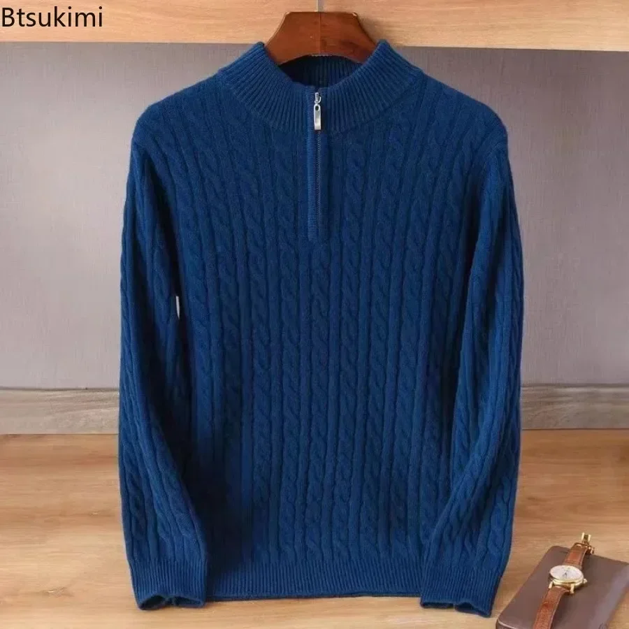 2025 Men's Warm Knitted Sweaters Autumn Winter Standing Neck Zipper Warm Tops Solid Jacquard Long Sleeve Knitted Pullovers  Men
