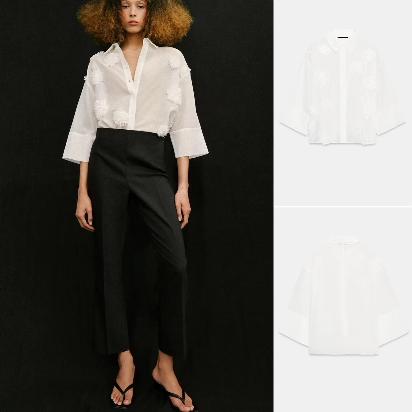 

Spring Summer New Casual Style Women's Shirt Stand Collar Seven Sleeve Embossed Flower Decoration Drapey Polyester Fiber Shirt