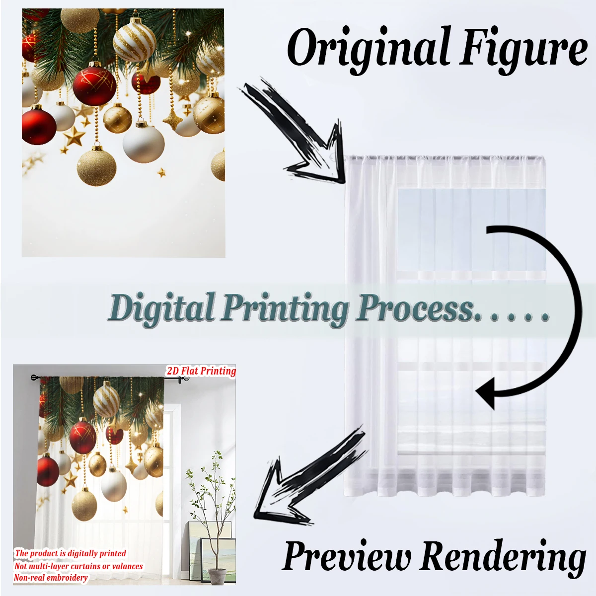 ستارة شفافة مطبوعة مسطحة لعيد الميلاد مع زخارف حلوى عيد الميلاد الفاخرة، لغرفة المعيشة وغرفة النوم والنوافذ وديكور أجواء الحفلات