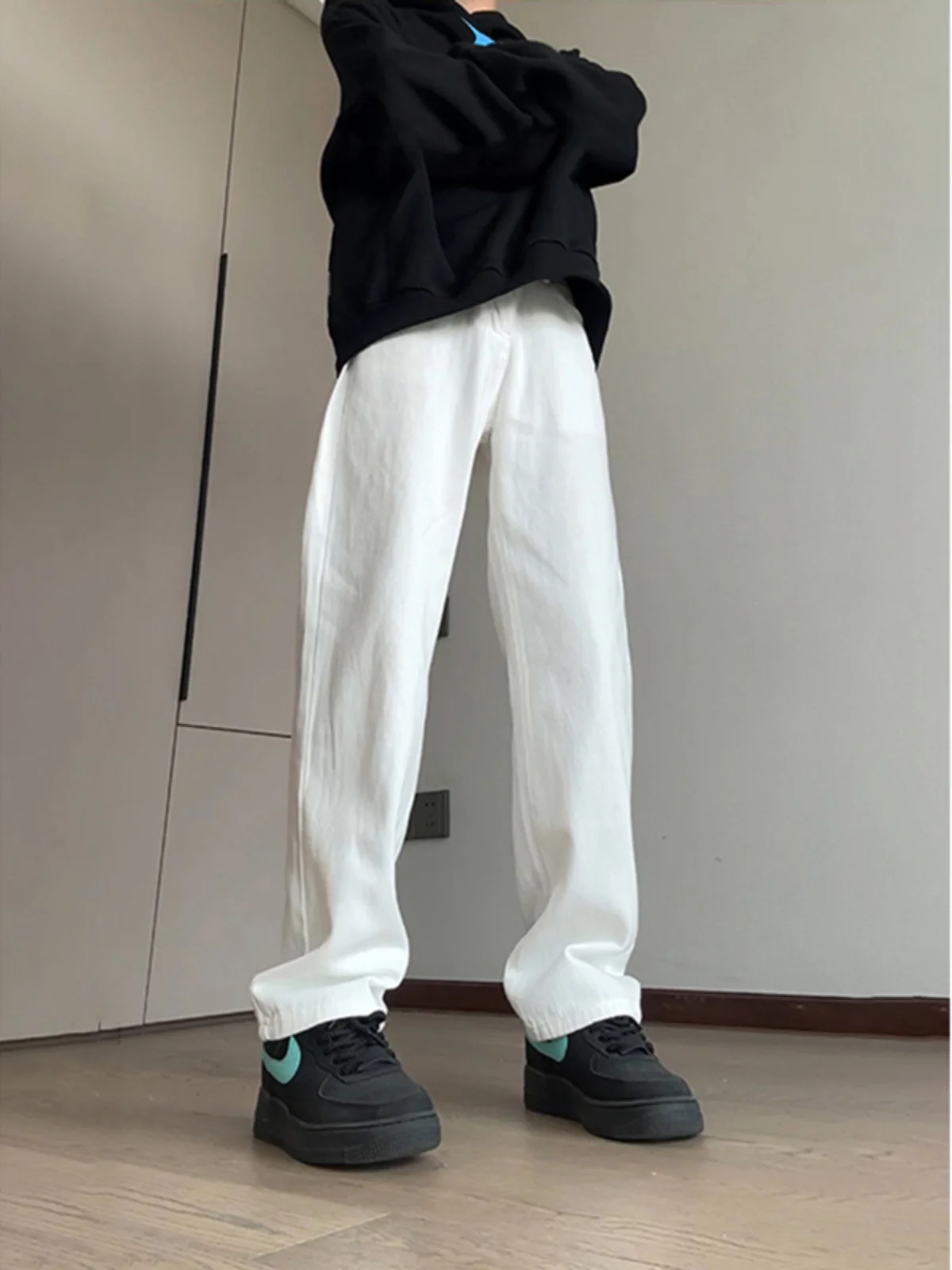 

American Style Loose Men's Workwear Jeans White Wide Leg Straight Cut Trousers Autumn Winter Fashion Casual Low Waist Zipper