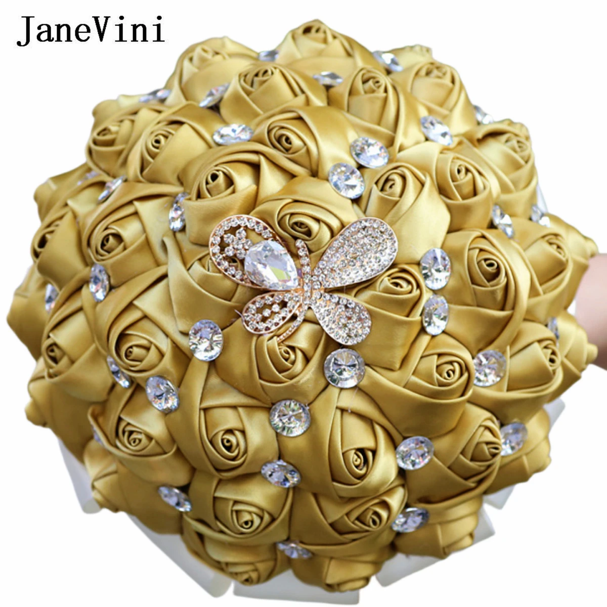 

JaneVini Luxury Gold Butterfly Rhinestone Bridesmaid Bride Bouquet Novia Rose Handmade Bridal Flowers Wedding Bouquet De Fleur