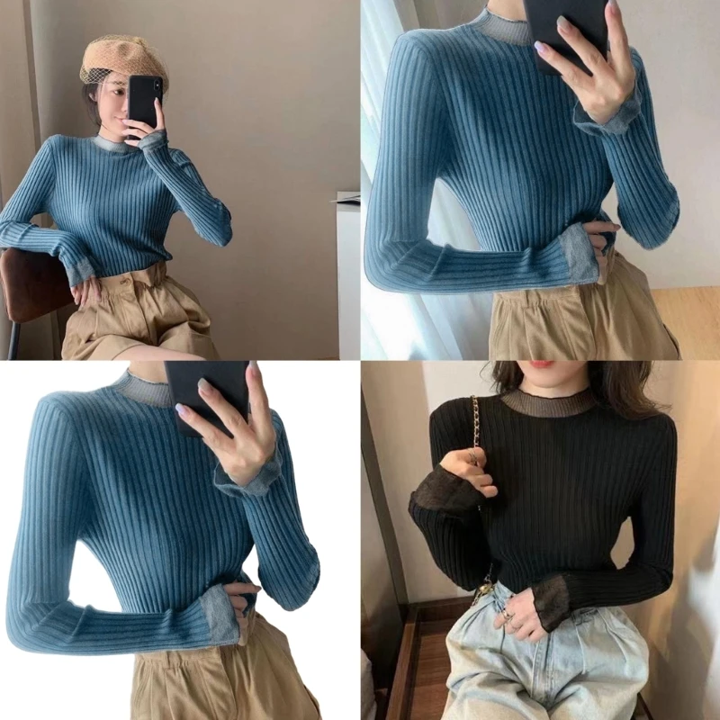 Women's 2023 Long Sleeve Mock Neck Ribbed Knit Sweater Fit Basic Casual N7YE