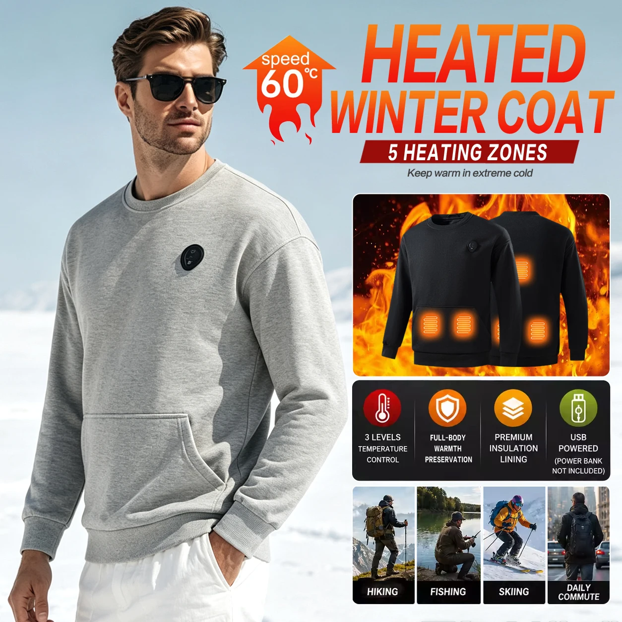 Unisex Heated Sweatshirt 5 Heating Zones USB Electric Heating Crew Neck Sweatshirt 3 Temperature Control Thermal Winter Top for