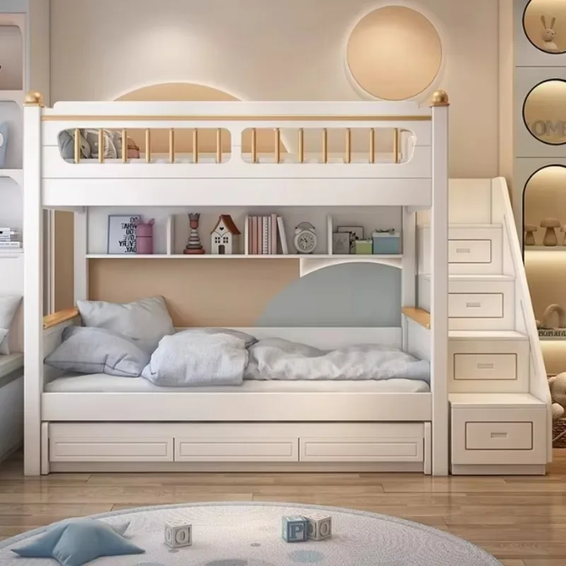 

Деревянная одноярусная кровать для детей белого цвета с местом для хранения, современная детская кровать из МДФ с книжным шкафом, горкой и гардеробом.