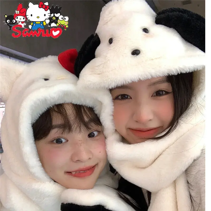 

Sanrio Hello Kitty Pochacco Hat Scarf Gloves Three-piece Set of Student Couple Autumn and Winter Soft Warm Thick All-in-one Hat