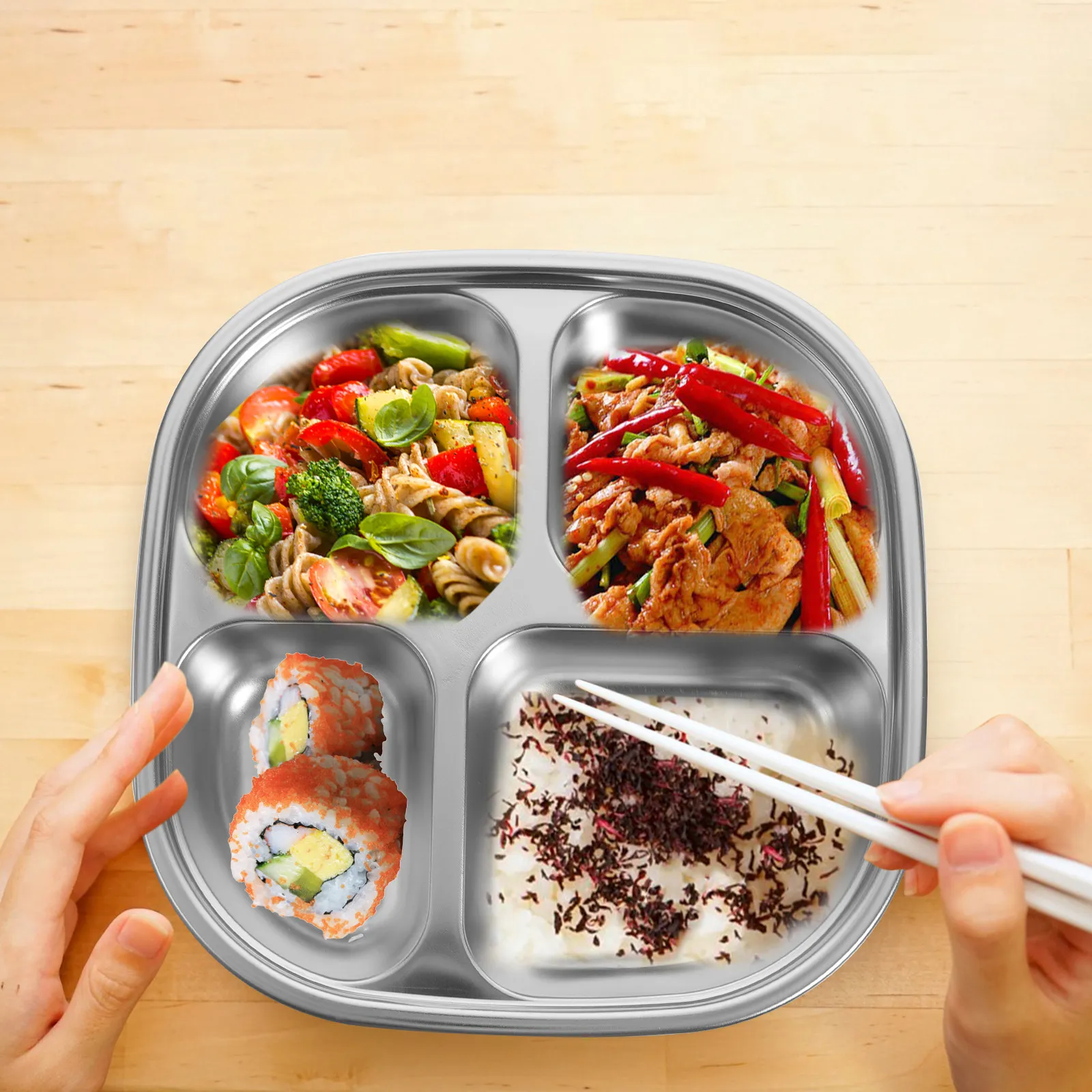 304 Stainless Steel Divided Lunch Plate Compartment Food Tray Reusable Eco Friendly Alternative to Disposable Plates for