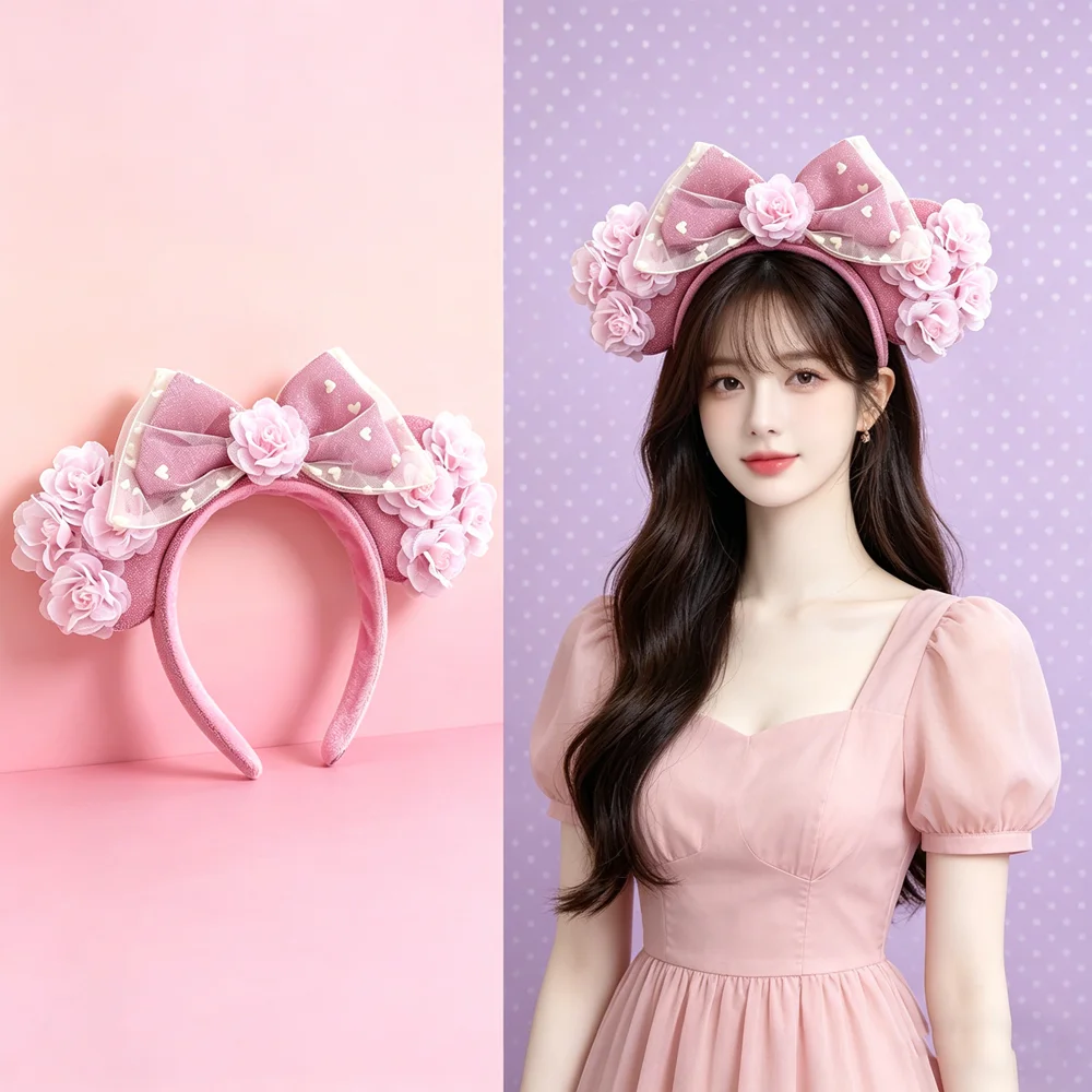 Enchanting Pink Floral Mickey Mouse Ears Hairbands Gauze Bow  display picture 3