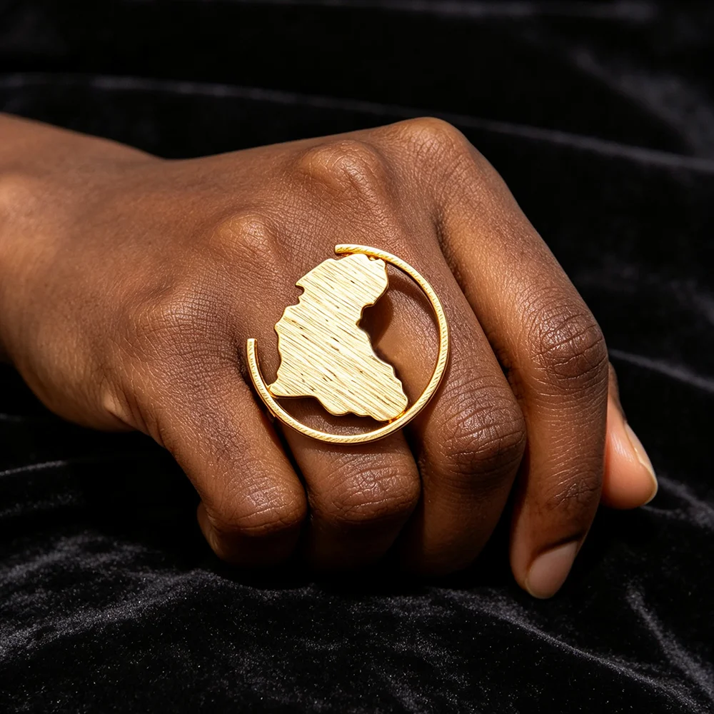 18K vergoldetes, gebürstetes Afrika-Karten-Design, offene Kreis-Ohrringe & Ring-Set für Damen, luxuriöse Hochzeits- und Party-Accessoires, Geschenk – Detail 8