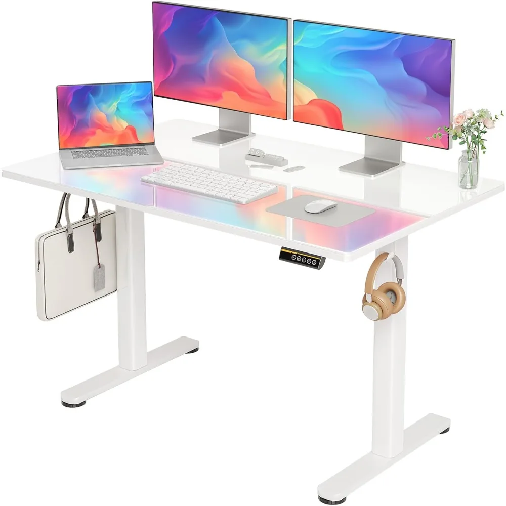 Bureau debout en verre, bureau debout blanc 48x24 pouces, hauteur réglable, support électrique, installation rapide pour bureaux d'ordinateur, Super