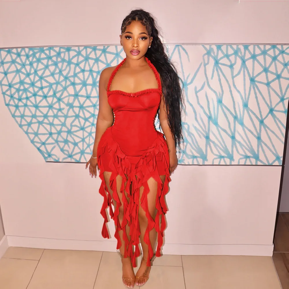 

Европейское и американское однотонное платье на бедрах с кисточками и подвеской на шее для женщин