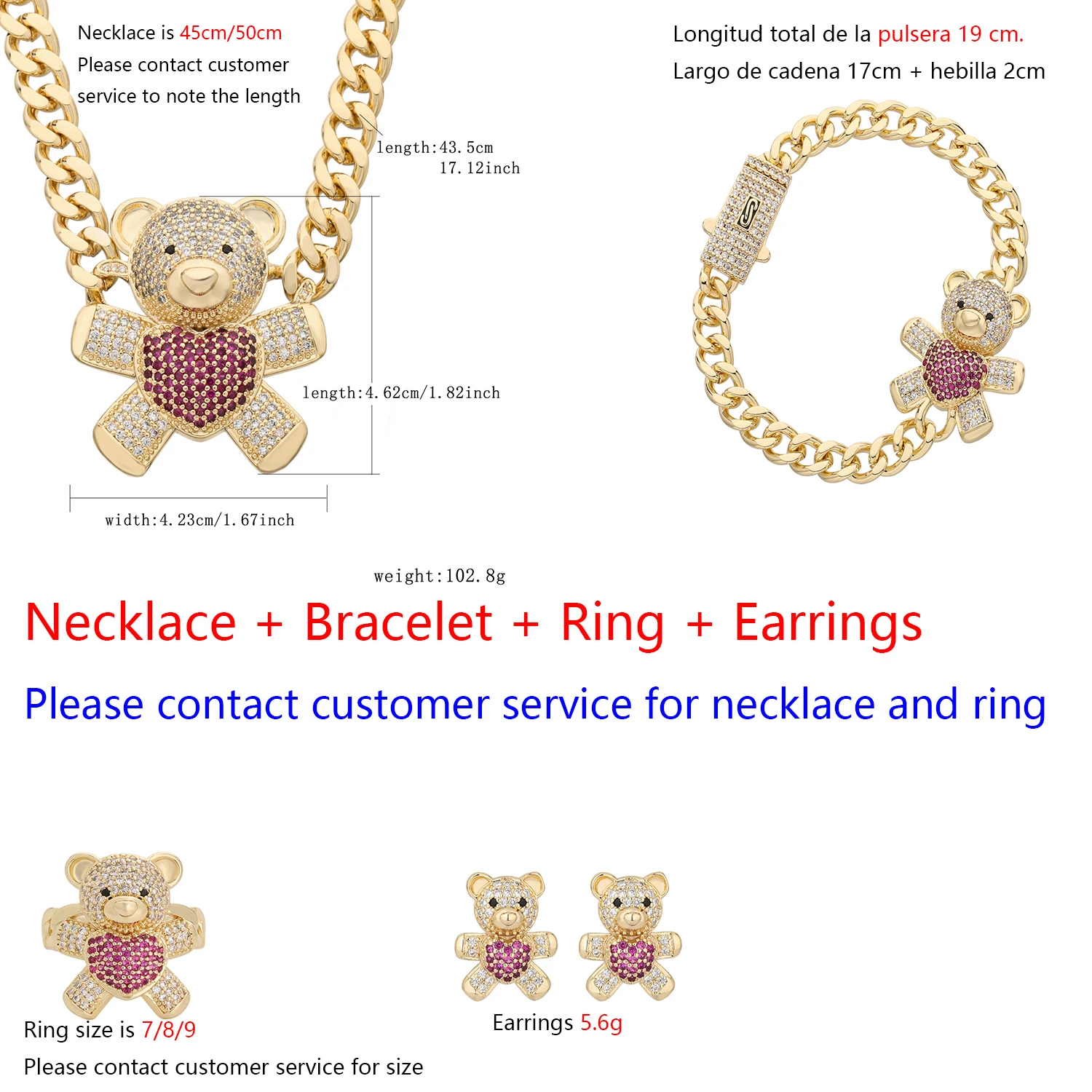 Hug Bear Women's Bracelet Ring Earrings Cute Teddy Bear Jewelry Hug Bear Girls Pink Series