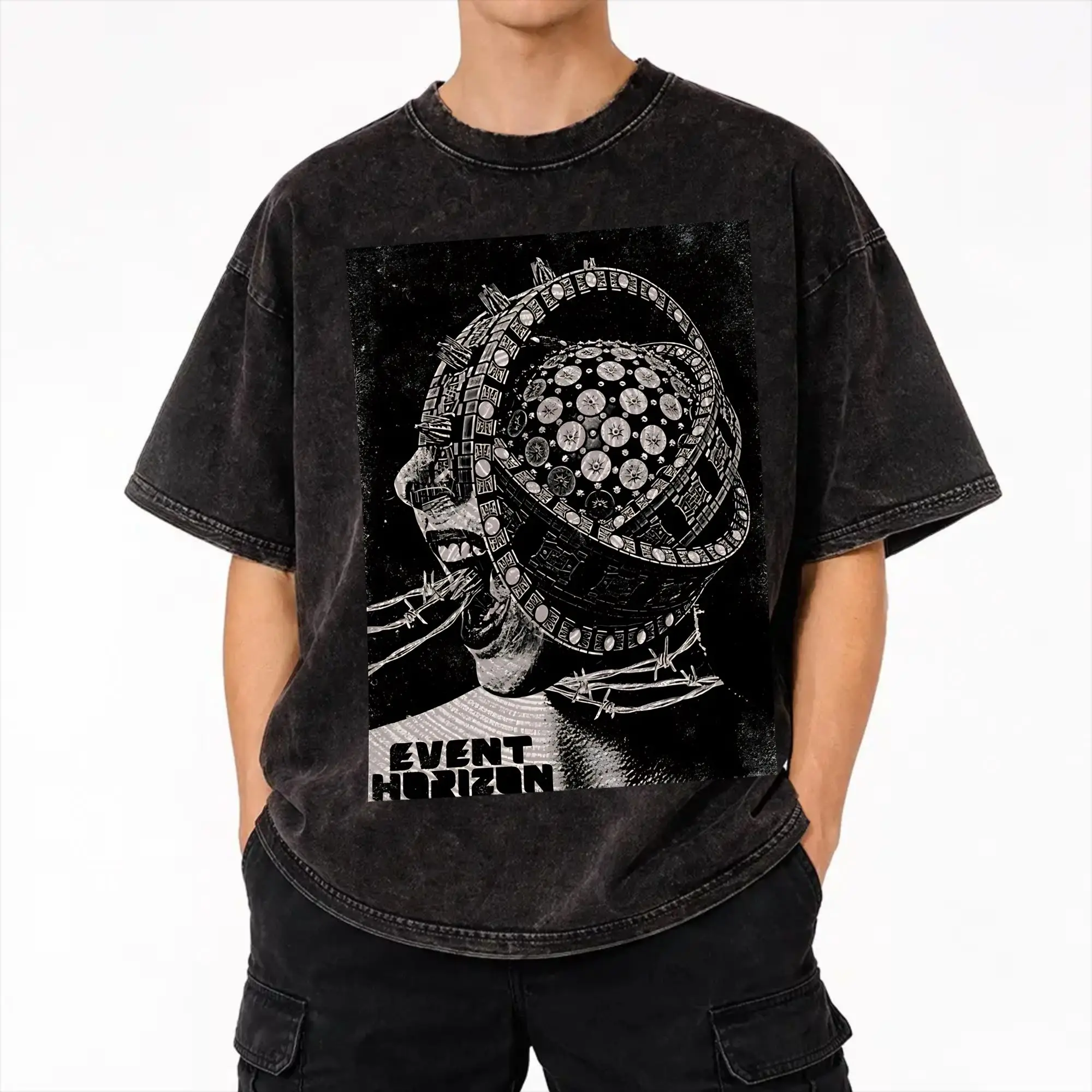 Harajuku Washed Shirt Event Horizon  Outfit Fashion T Shirt Oversize  Streetwear Short Sleeve Graphic Printed Tee Shirt