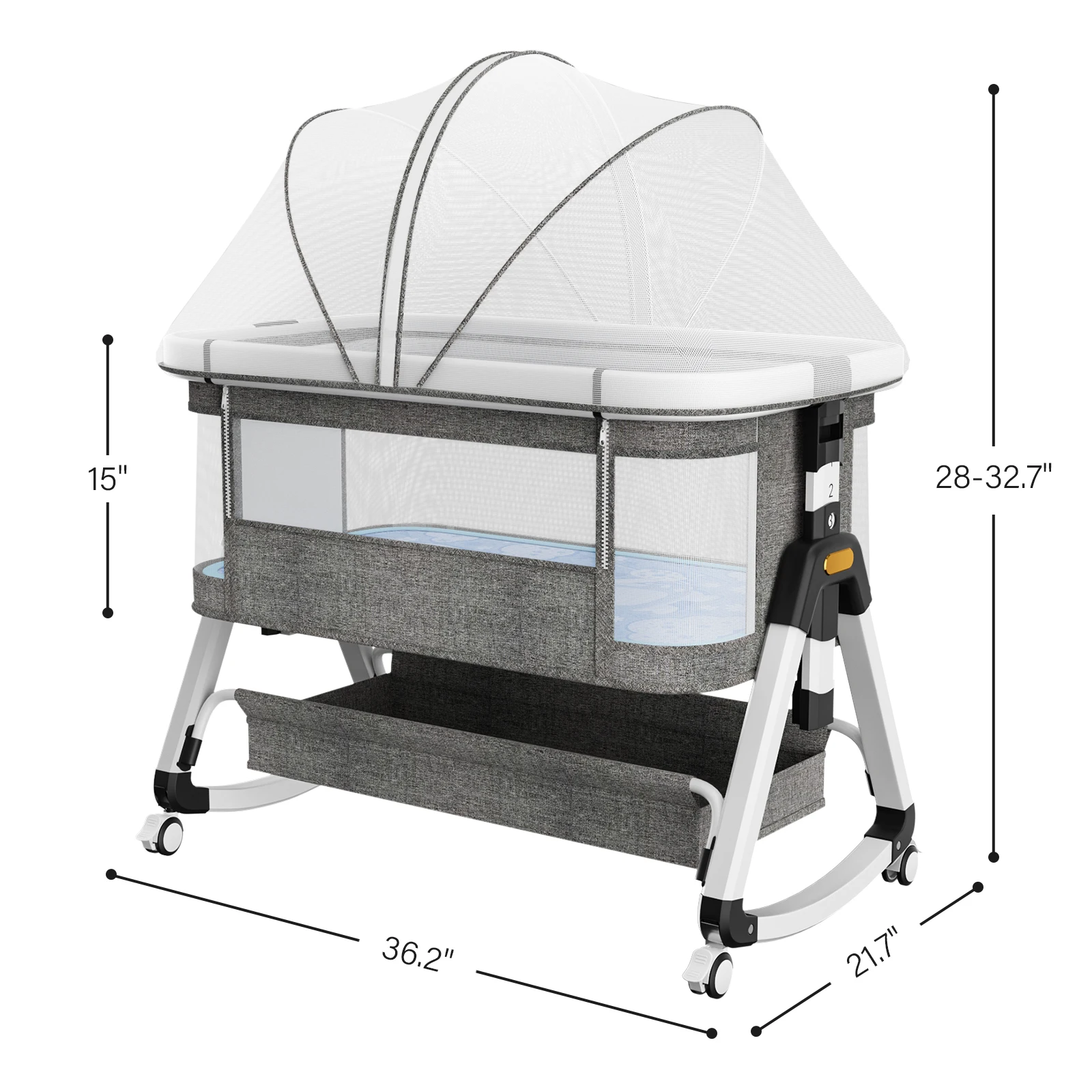 3 in 1 Baby Bassinet,Bedside Sleeper with Storage Basket and Wheels,Portable Baby Crib with Mosquito Net, 6 Adjustable Height & Breathable Mesh,Easy to Fold