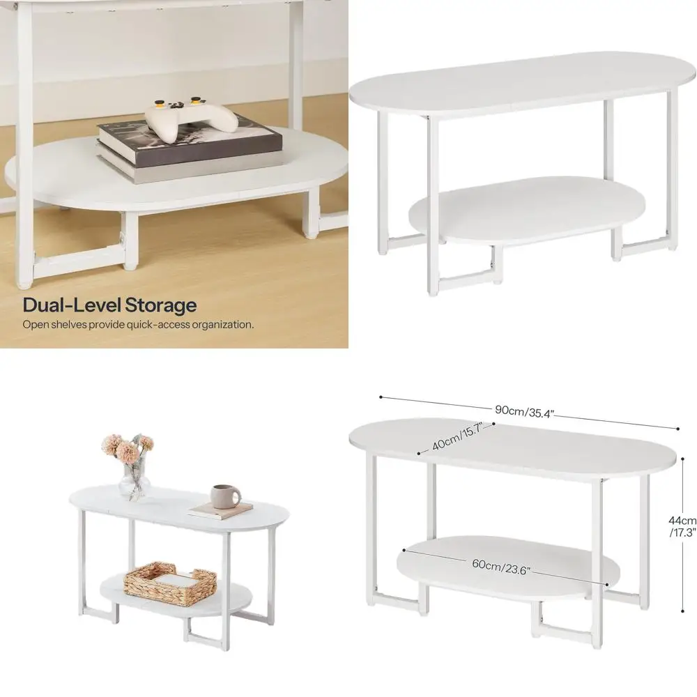 

Белый двухуровневый овальный журнальный столик в индустриальном стиле для гостиной и домашнего офиса, деревянная столешница с полкой для хранения, дизайн фермерского дома