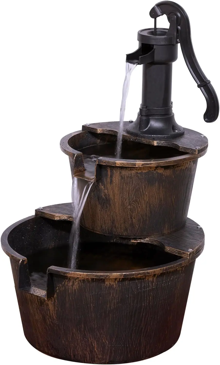 

Outdoor Floor Rustic 2-Tiered Barrel and Pump Water Fountain Old-Fashioned Fountain 27", Bronze