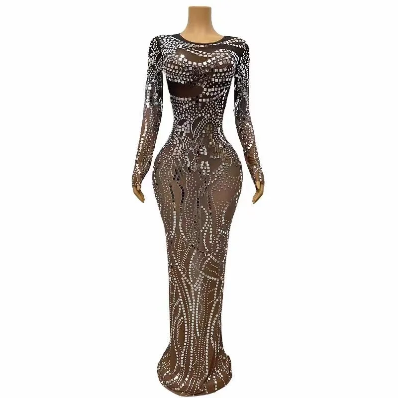 Customized  Mesh lace Pearl Transparent High Elastic Long Sleeved Sequins Sexy Tight Party Dress  Stage Performance Dress