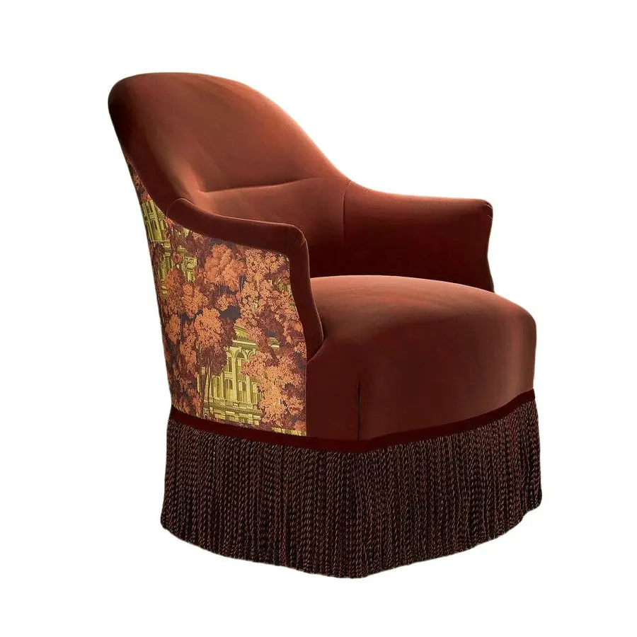 #French Style LivingRoom Vintage Pink Fringed Velvet Toad Armchair Hotel Comfortable Wooden Curved Single Sofa Chair for Bedroom