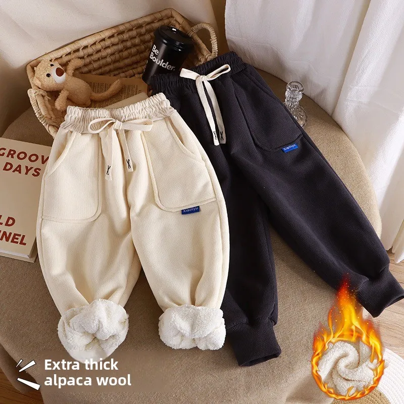 New Autumn-Winter Kids' Fleece-Lined Pants, For Boys, Girls & Babies, Thick Warm, Outer-Wearable, Casual & Suitable For Sports.