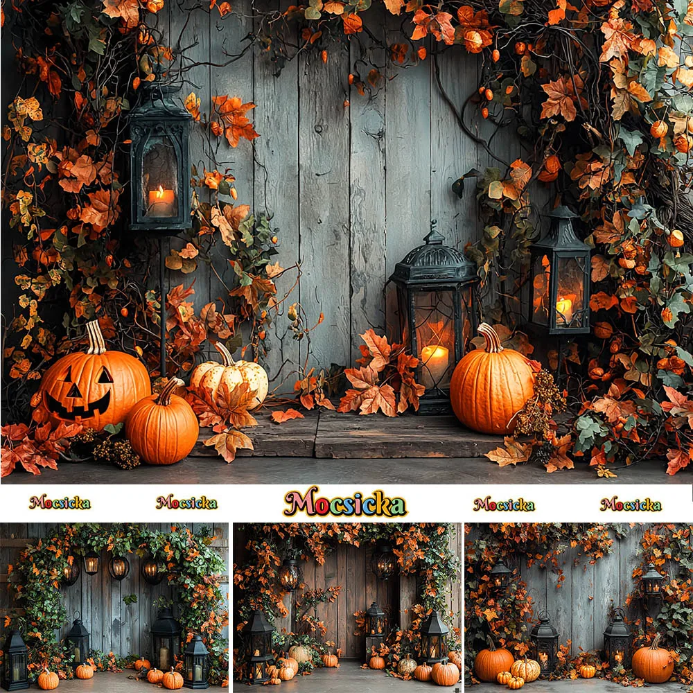 Mocsicka Photography Background Wood Door Pumpkin Autumn Maple Leaf Holiday Decoration Kids Portrait Photo Backdrops Studio Prop