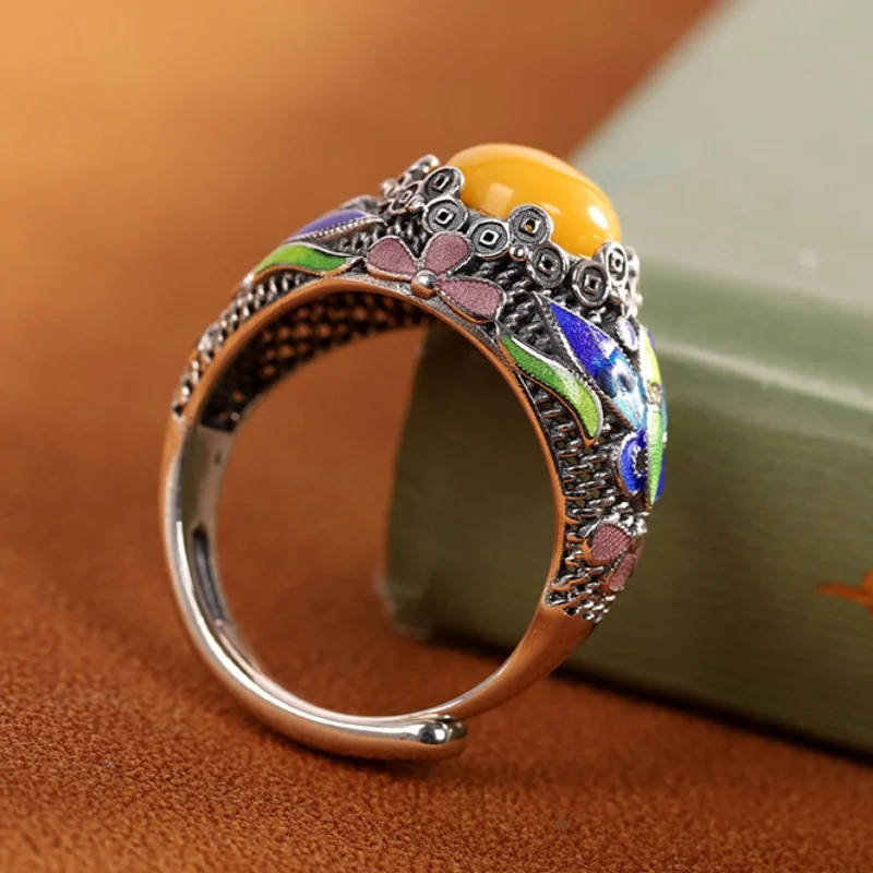 S925 Sterling Silver Rings for Women Men New Fashion Enamel Hollow Flowers Inlaid Mellite Ethnic Style Jewelry Free Shipping