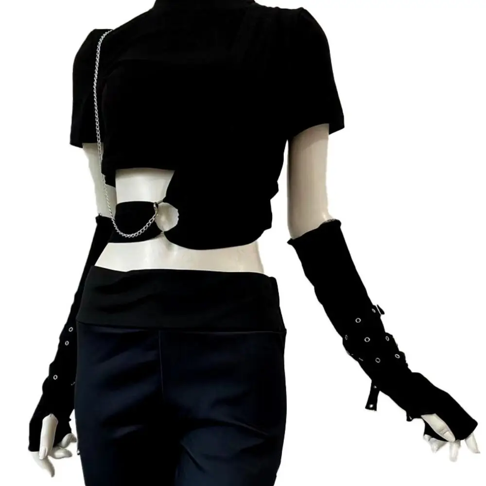 Harajuku Style Half-fingered Gothic Arm Warmer Cool Black Unisex Cuff Sun-protective Sleeve Buckle Design Punk Gloves Streetwear