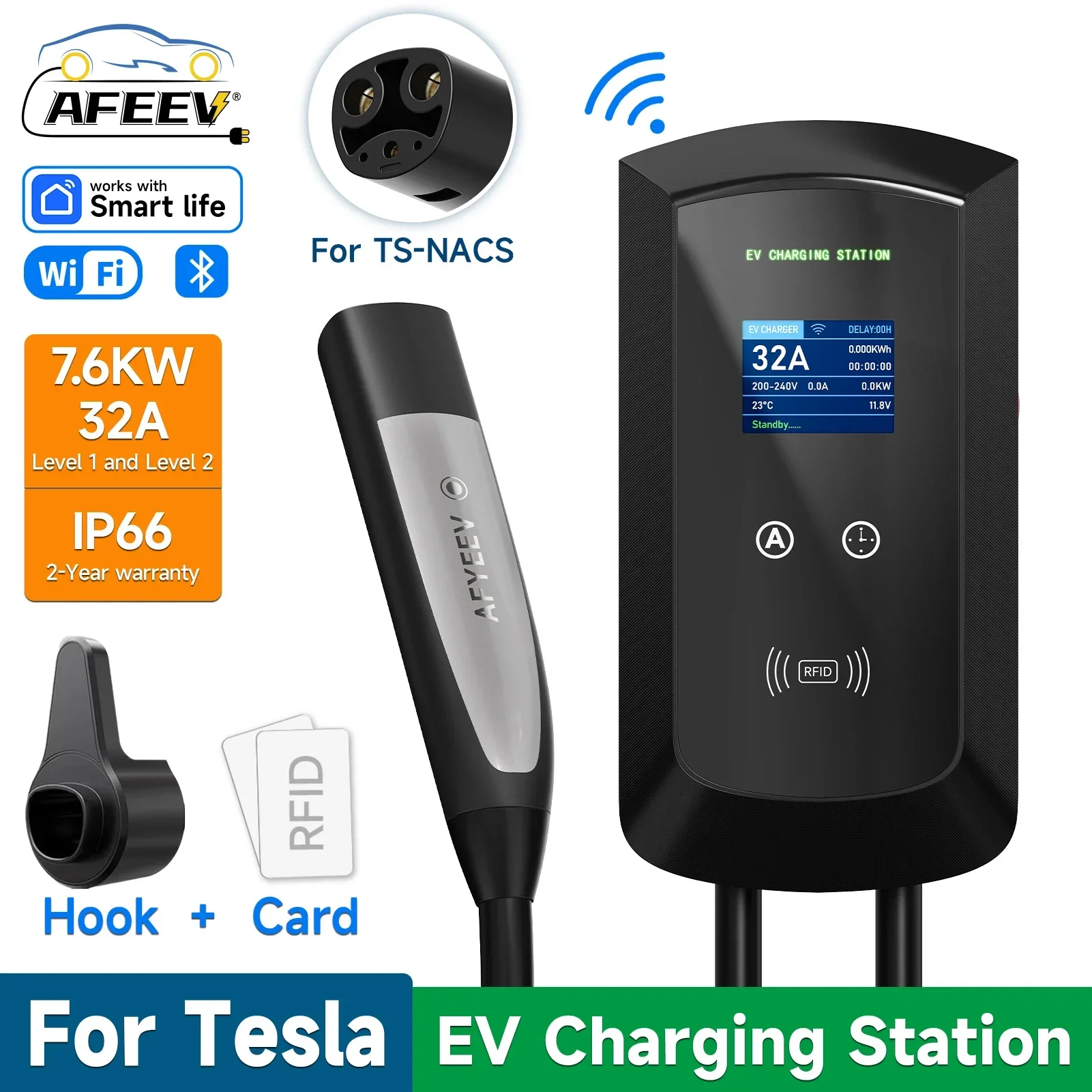 AFEEV 7.6KW 32A 1Phase EV Charging Station for Tesla Model 3/X/Y/S Wallbox EVSE Electric Car Charger WiFi Bluetooth APP Control