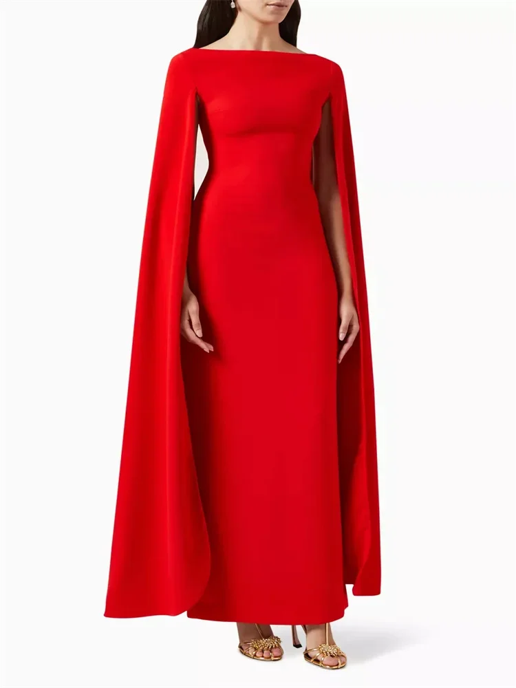 

Customized elegant Long Cape Sleeves Boat Neckline Satin Straight Evening Dress Sexy Back Zipper Floor Length Rear Slit Gown