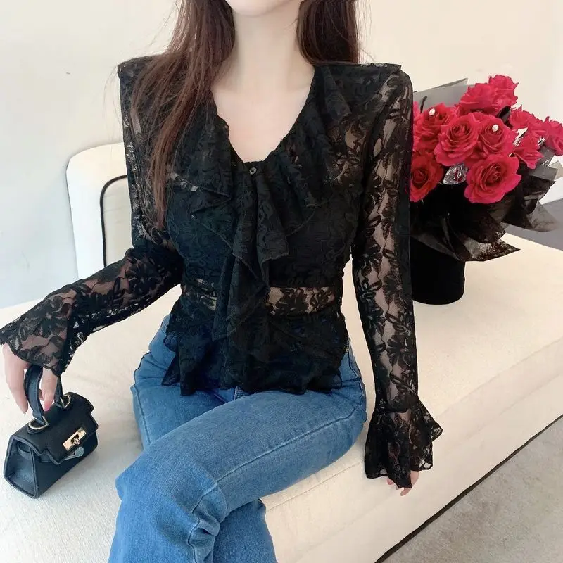 Stijlvolle Effen Kleur Spliced Lace Ruches Blouse Vrouwelijke Kleding 2023 Lente Zomer Nieuwe Casual Truien Flare Mouw Chic Shirt