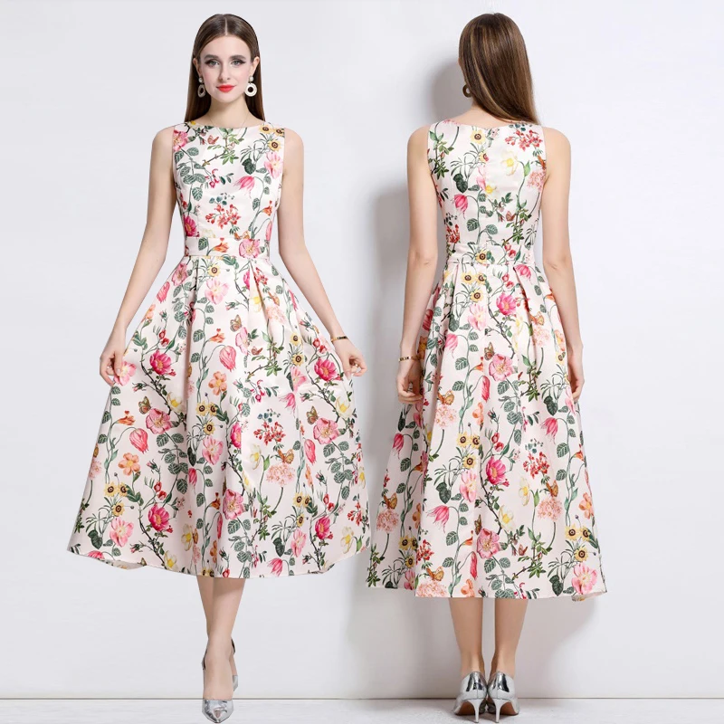 ชุดเดรสยาวพิมพ์ลายดอกไม้สุดหรูสไตล์เซเลบริตี้ ดีไซน์เข้ารูปทรงเอ กระโปรงทรงเอ เอวสูง สำหรับแฟชั่น