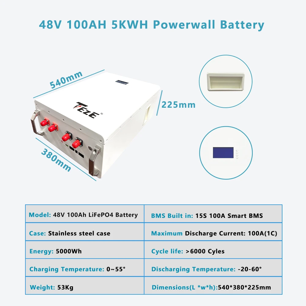 TEZE 48/51.2V 100AH Rechargeable Battery LiFePO4 5KWH Powerwall Built-in BMS CAN/RS485 Energy Storage 6000 Cycles PC Monitor