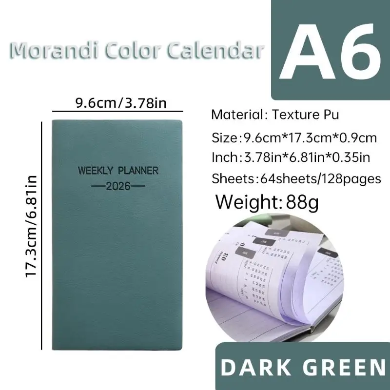 1pc 64 Sheets 128 Page Thin Weekly Calendar Book A6 Size 2026 Daily Planner, Morandi Color Leather Calendar