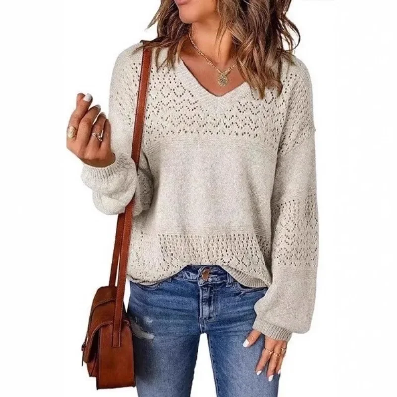 

Autumn Winter New Fashion Hollow Women V-neck Hoodie Casual Loose Lady Long Sleeve Knitted Sweater