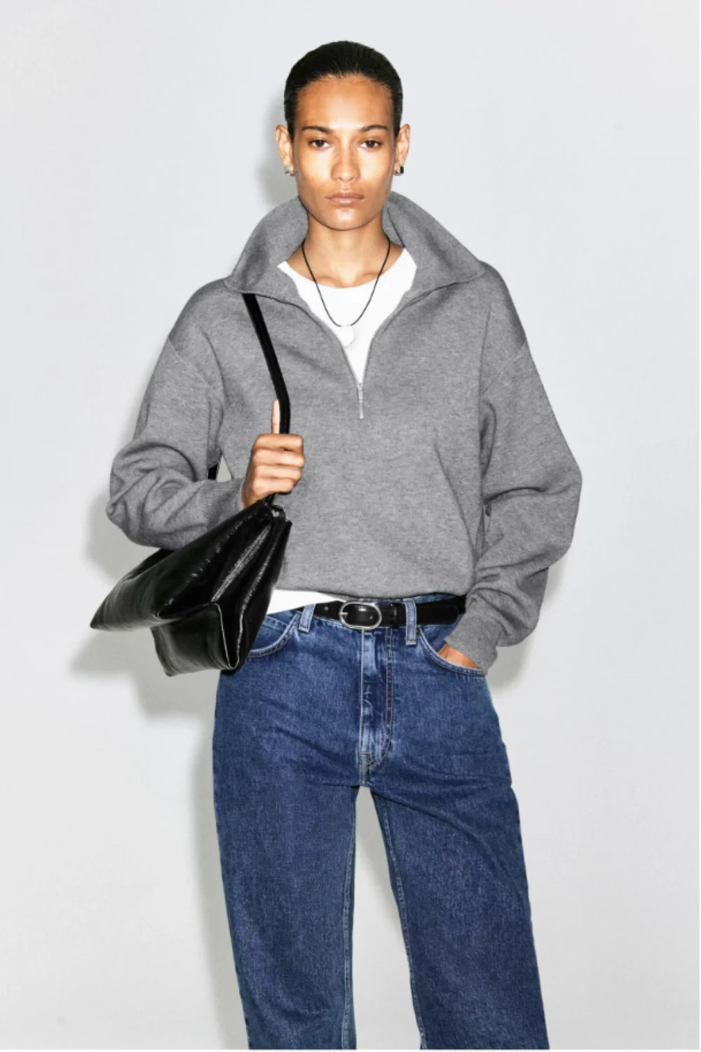XIMIAN APPAREL 2026 YAZHIMEI Traf Cos Winter New Style of Women's Casual Standard Fit Grey Funnel Neck Zip Knit Sweater