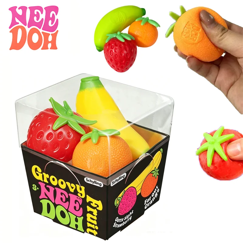 Groovy Fruit Needoh Squishy Toy Simulated Strawberry Banana Orange 3 Pack Fidget Sensory Toy Stress Relief Anti-Anxiety TPR Toy