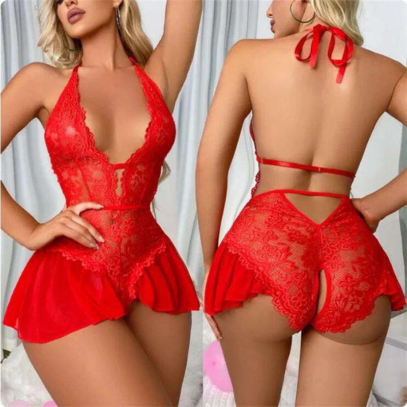 Sexy Crotchless Lingerie Women Lace Hollow Bodysuit Erotic Pajamas Teddy Babydoll Dress Deep V Open Bra Underwear Set