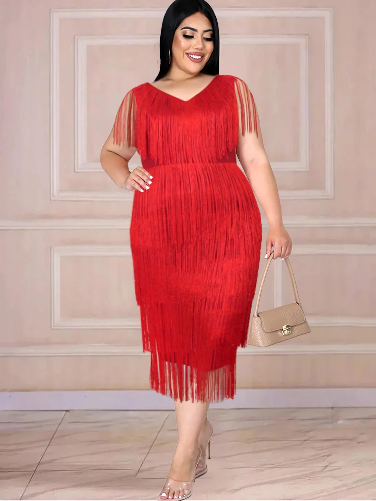 Robe à franges taille haute à col en V pour femmes, tambour, pompon, rouge, grande taille, soirée, événement, frange, tenues curvy