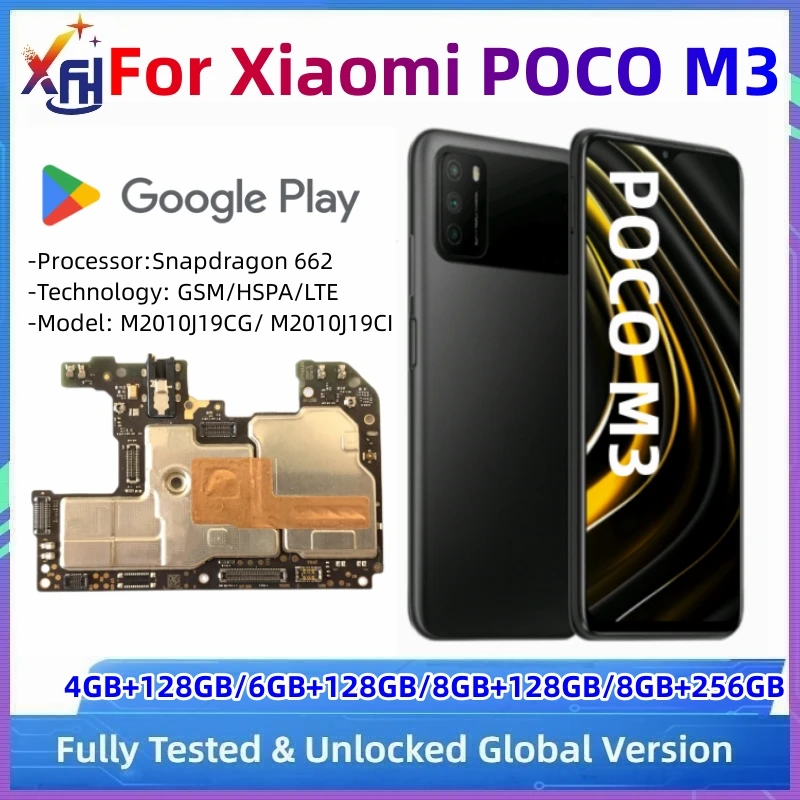 Motherboard for Xiaomi Poco M3, Unlocked Logic Circuits Board, Global MIUI System, Fully Tested