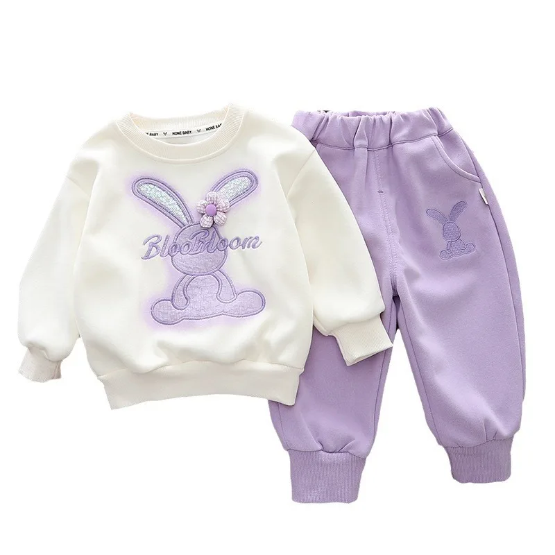 Baby girl spring clothes2024Spring and Autumn New Children\'s Cartoon Rabbit Long-Sleeved Sweater Two-Piece Set1-5Small Children\'