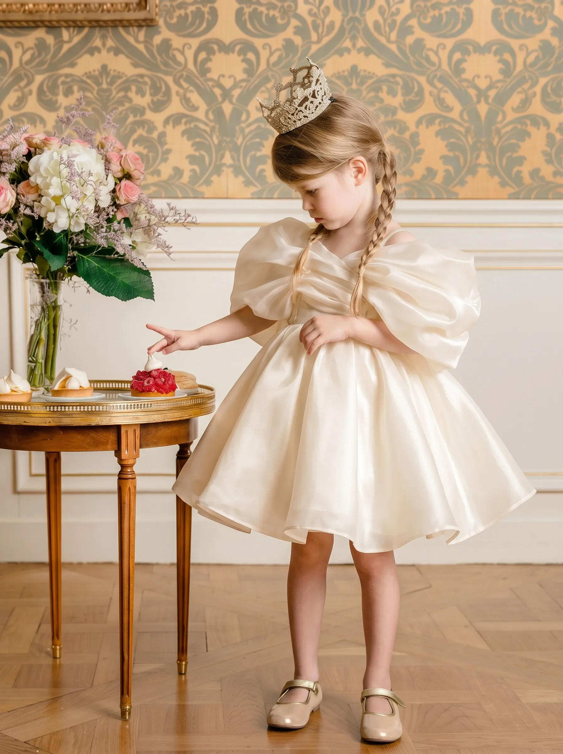 Elfenbeinfarbenes Organza-Blumenmädchenkleid, schulterfrei, für Hochzeitsfeier, Ballkleid, kurze Rüschen, Kommunionkleid für kleine Mädchen, Gala-Kleid