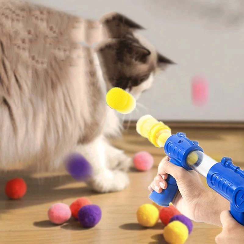 Cat Toys Launch Training Interactive Shooter Gun Teaser Plush Ball Pet Creative Games Stretch Mini Pompoms Kittens Supplies