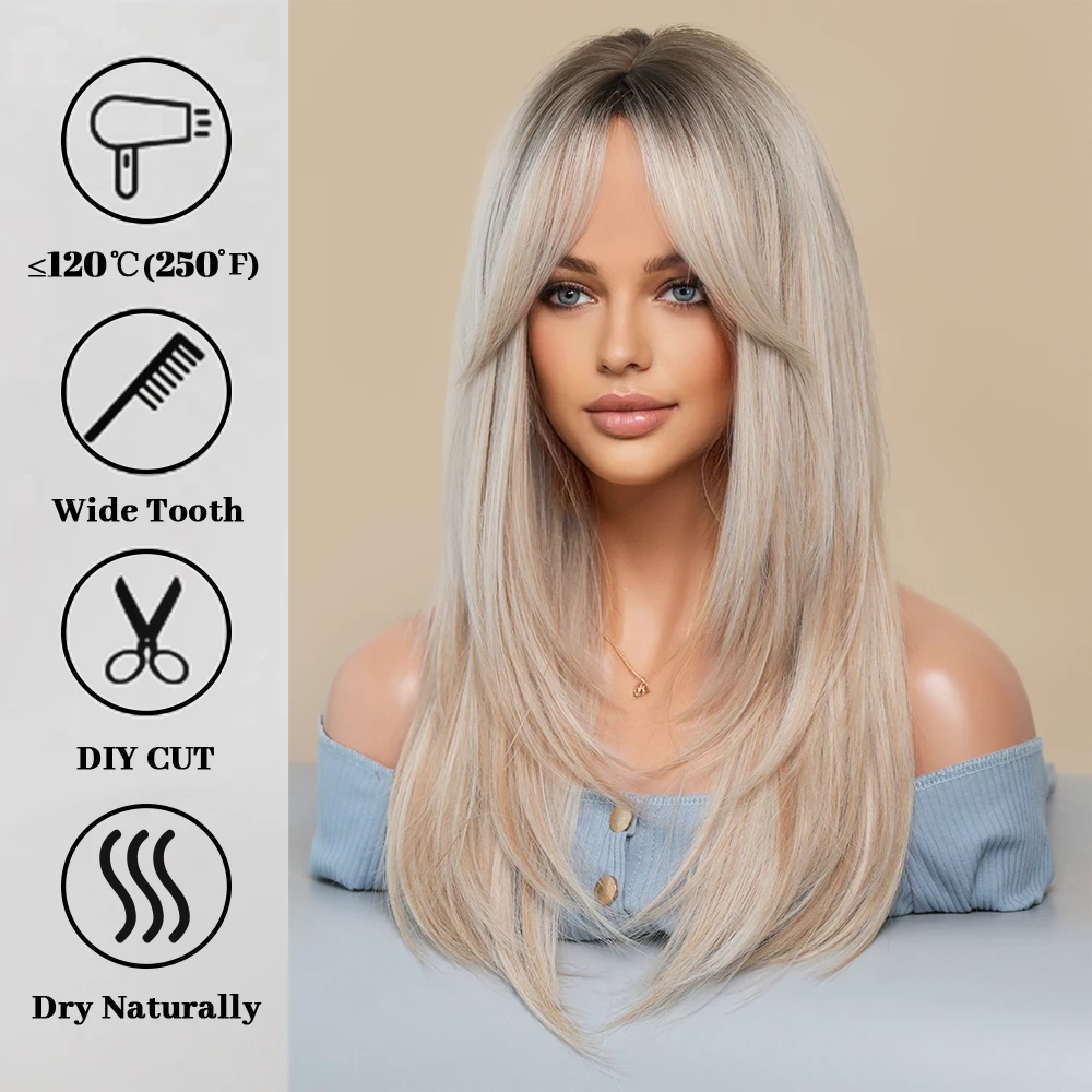 Long Blonde Wigs for Women Synthetic Hair Wig with Fringe Ombre Color with Dark Roots Layered Wigs Heat Resistant Fake Hair