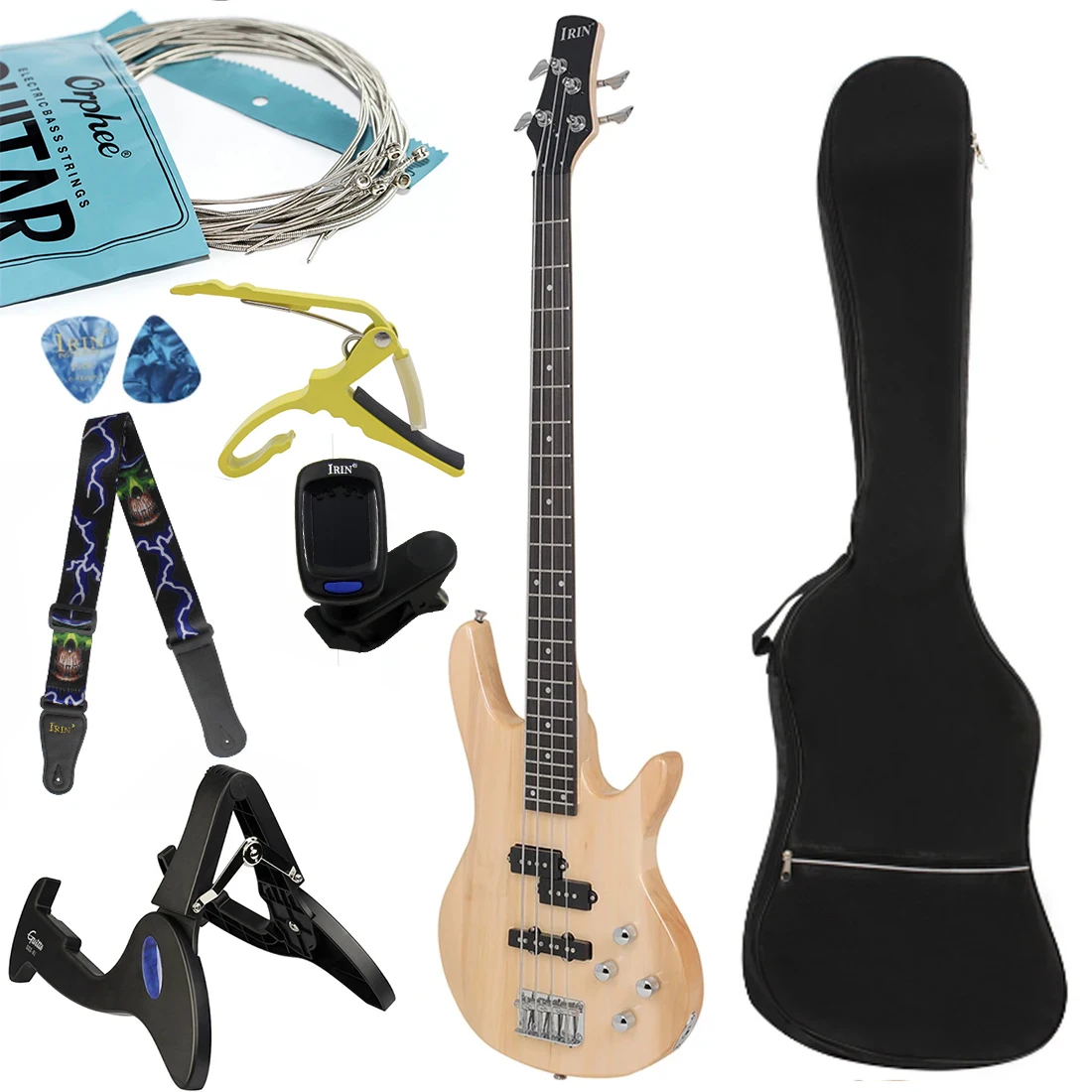 

IRIN Wood 4 Strings Electric Bass Guitar Basswood Body Maple Neck Guitar with Tuner Strings Capo Stand Strap Accessories