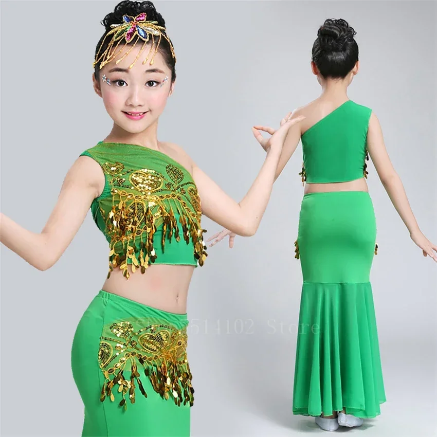 Children Oriental India National Girl Sequins Shoulder Off Tail Belly Skirt Bellydance Costume Egypt Performance Pratice Clothes